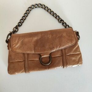 BOHO Tan Leather Wallet Clutch Heavy Brass Chain
